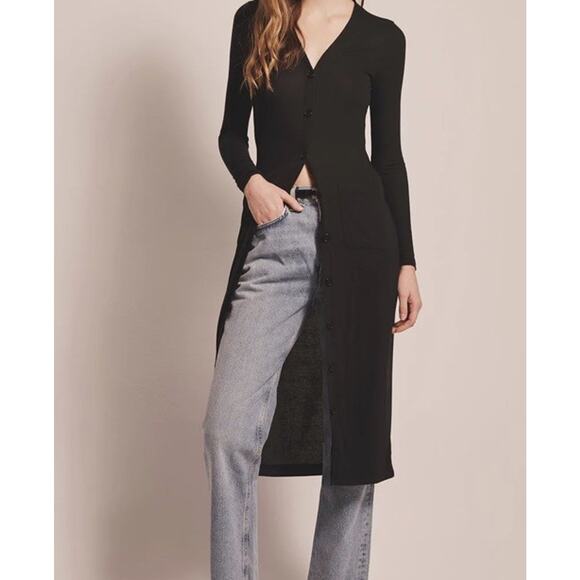 Naadam Cashmere Silk Black Sweater Dress Longline Cardigan Womens M Pockets Luce - Picture 9 of 16